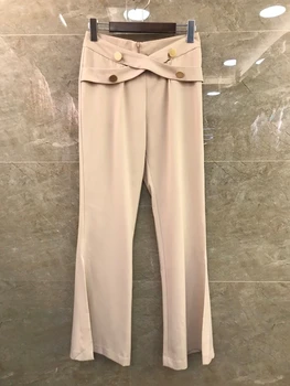 

2020 Spring and Summer New Women's Buckle Cross Stitching Decorations All-match Straight Solid Color Pants Casual Pants 601