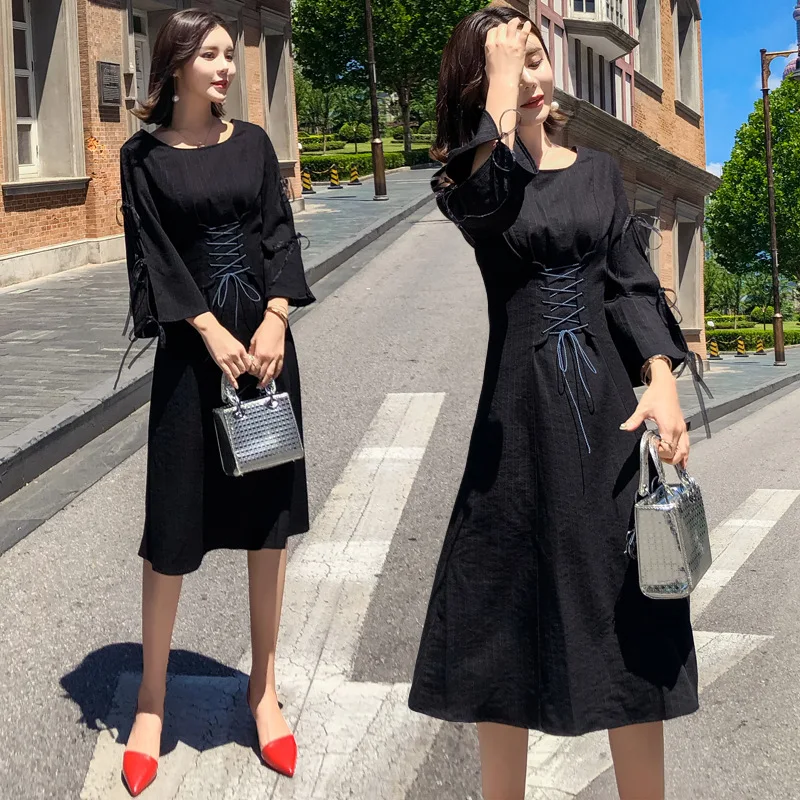 

2019 Autumn And Winter New Style Charade Waist Hugging Dress Black Dress