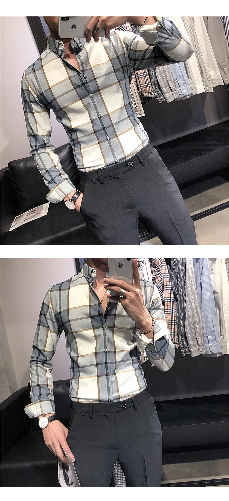 Клетчатая рубашка мужская Camisa Masculina Повседневная приталенная рубашка с длинным рукавом мужская одежда деловая официальная рубашка уличная одежда