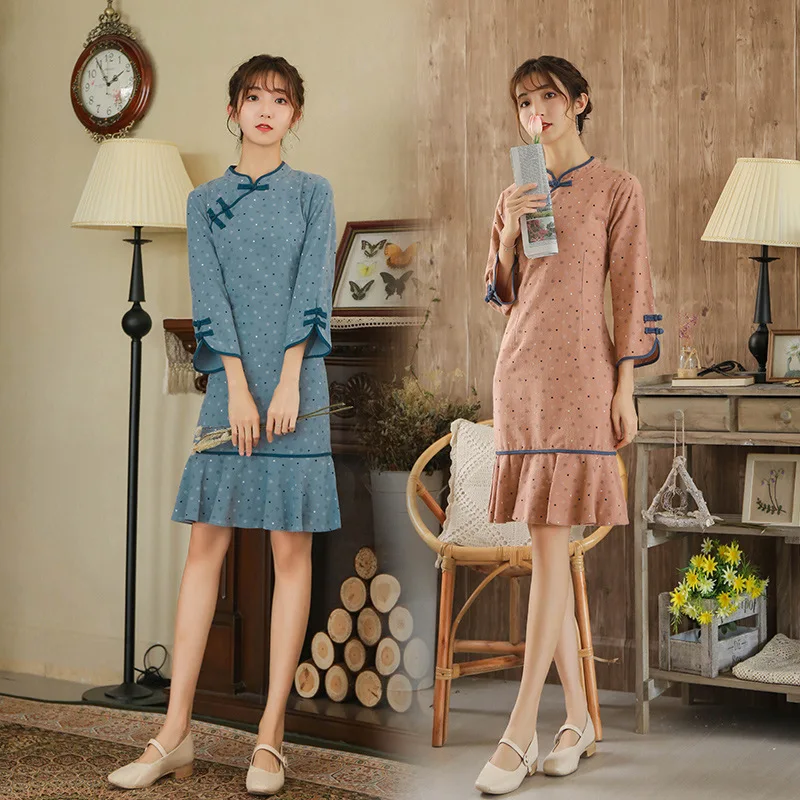 

2019 Autumn New Style WOMEN'S Dress National Wind Cotton Linen Origional Spot Frog Ruffle Hem Slim Fit Long Sleeve Cheongsam