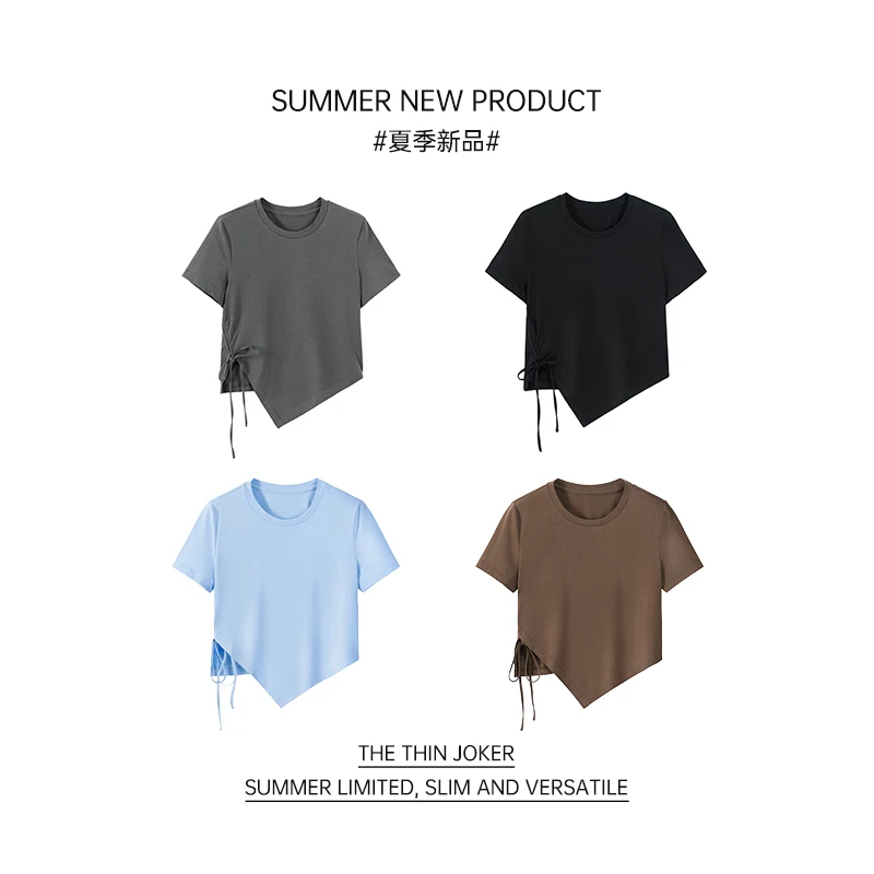 

Top Black Short-sleeved Irregular T-shirt Women 2021 Summer High-quality Self-cultivation All-match Short Top Ladies T-shirt