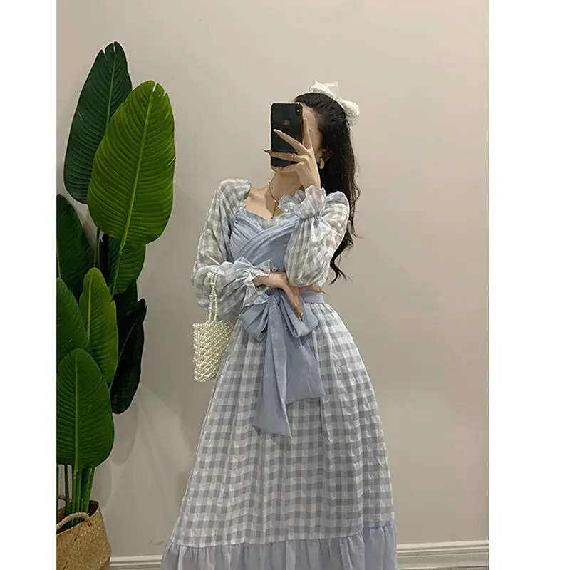 Spring And Autumn French Retro Bubble Long-Sleeved Tie Ruffled Plaid DressMid-Length Princess Dress Blue Sweet Temperament Dress sweater dress