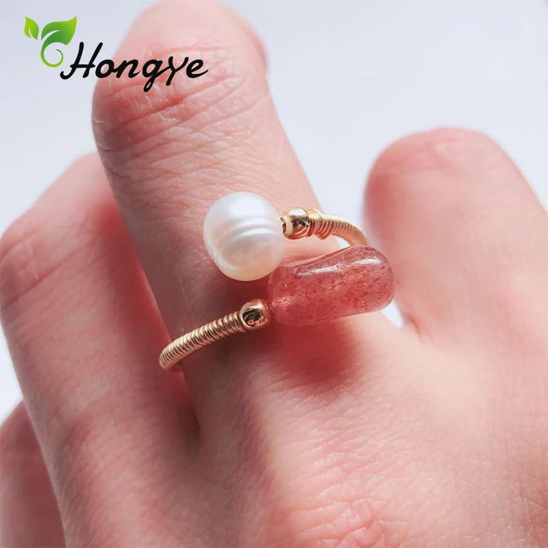 

Luxury Natural Freshwater Pearl Ring 14k Gold Female Trendy Finger Accessories Pink Stone Adjustable Vintage Ring for Girls