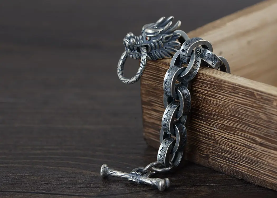 2021 New 100% ture Solid S925 silver antique Thai silver bracelet for Man six-word mantra leading silver bracelet men's bracelet