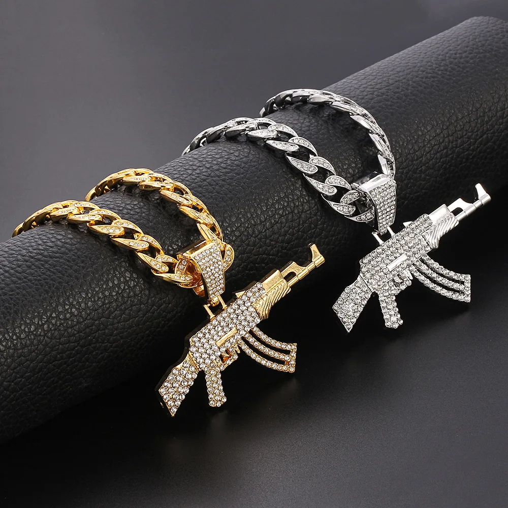 

Jewelry for Men Women Hip Hop Iced Out Bling Submachine Gun Pendant Necklace Men 12mm Miami Cuban Link Chain Choker Fashion Gift