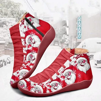 

PU Leather Ankle Boots Vintage Lace Up Women Shoes Santa Claus Printing Zipper for Christmas hh88