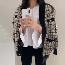

Autumn Winter Check Knitted Sweater Women Korean Long-Sleeved V-Neck Cardigan Jacket Female Casual Loose Overcoat
