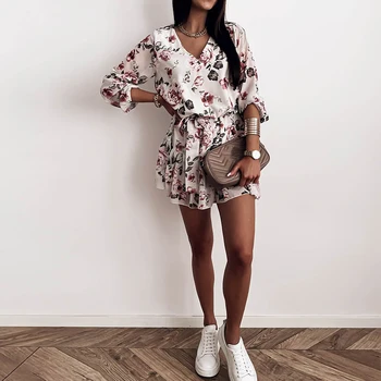 Spring Women s Chiffon V Neck Flower Print Dress Casual Long Sleeve Short Dress Female