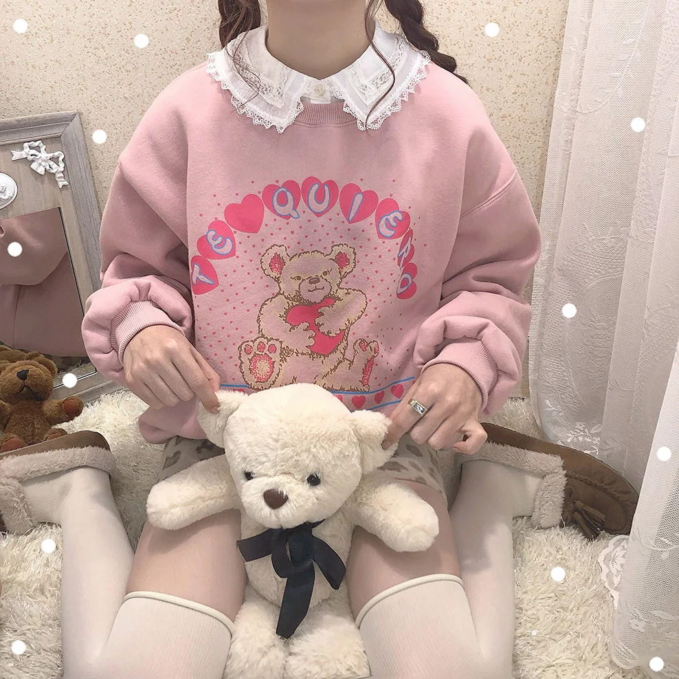 Kawaii Bear зимняя женская кашемировая теплая толстовка с круглым вырезом и длинным рукавом, пуловеры, плотные толстовки, милые