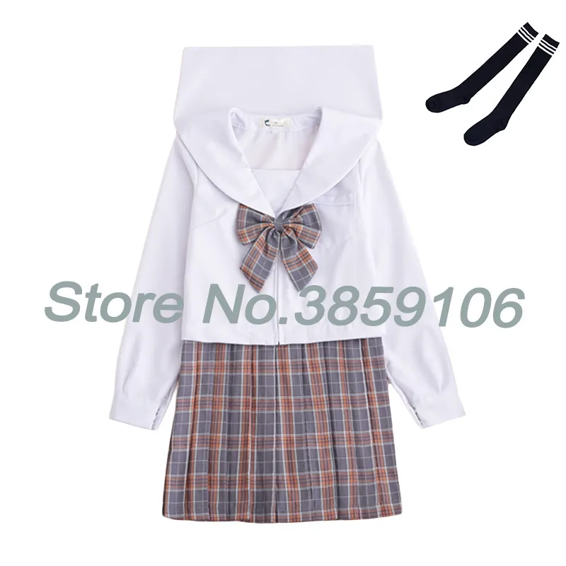 Yellow B WIth Socks UPHYD 3 цвета японская школьная форма для девочек Аниме COS костюм моряка белые топы+ галстук+ юбка JK одежда для студентов - Цвет: Yellow B WIth Socks