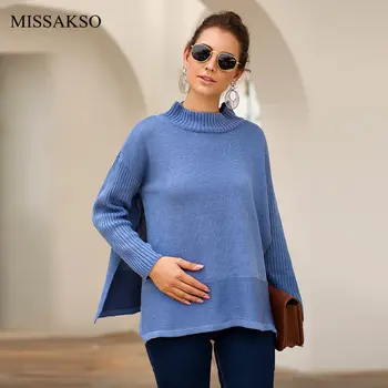 

Missakso Casual Loose Jumper Women Oversized Slit Autumn Winter Plus Size Solid Pullovers Turtleneck Knitted Sweater