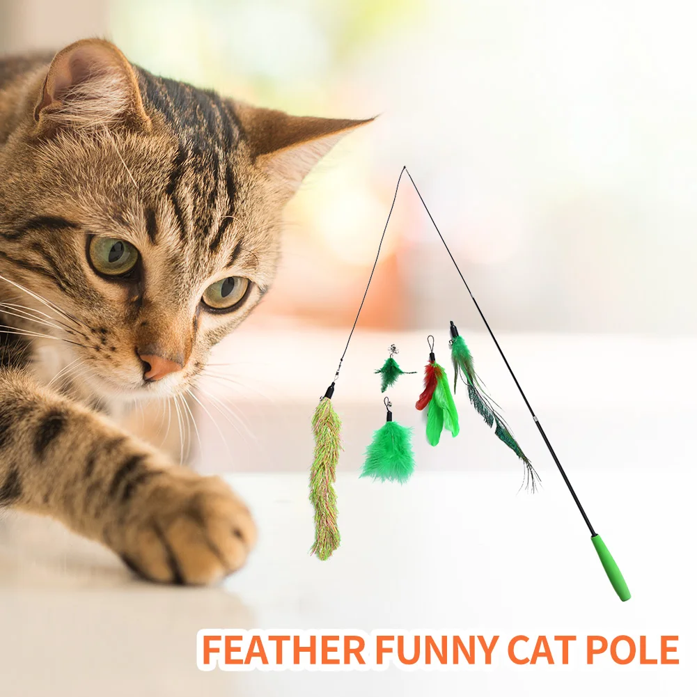 Cat Toys Telescopic Feather Teaser Rod Set Cat Interactive Playing Wand Sticks Toys with Replacement Head Funny Pet Supplies