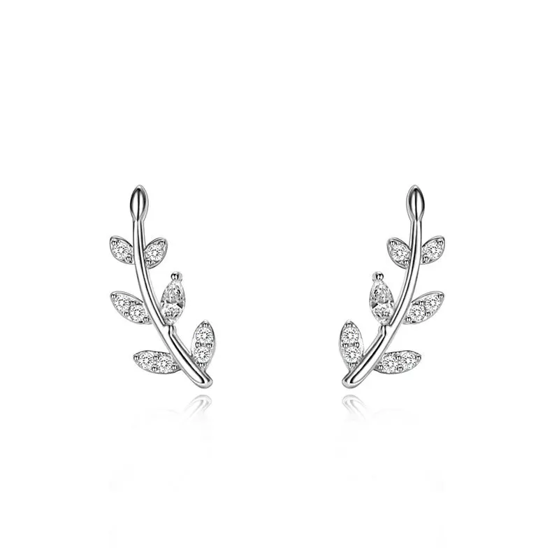 925 Sterling Silver French Simple Pavé Crystal Olive Branch Leaf Stud Earrings Women Light Luxury Temperament Wedding Jewelry