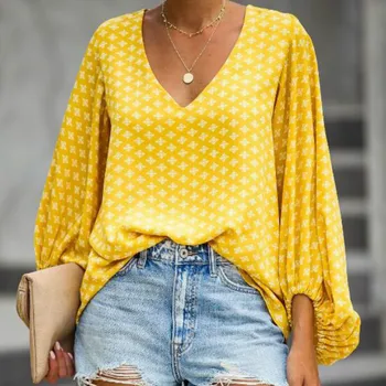 

Hot Women Blouses Summer Chiffon Shirts New V Neck Long Sleeve Lantern Loose Yellow Red Shirt Office Ladies Tops Blusas Mujer