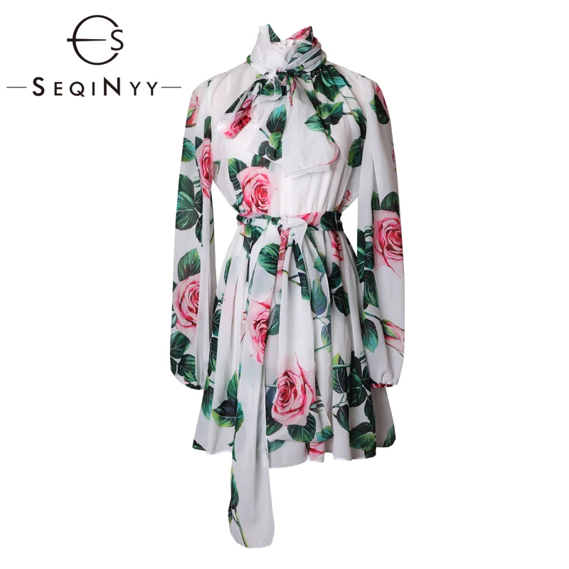 

SEQINYY Chiffon Dress 2020 Summer Spring New Fashion Design Women Long Sleeve Pink Flowers Print White Mini Dress
