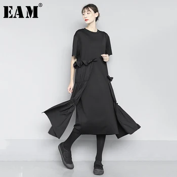 

[EAM] Women Black Brief Ruffles Split Temperament Dress New Round Neck Short Sleeve Loose Fit Fashion Spring Autumn 2020 1N612