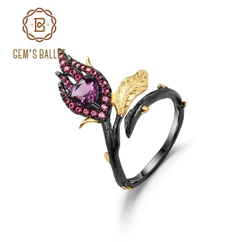 

GEM'S BALLET Natural Amethyst Adjustable Ring for Women Black & 18k Gold Over 925 Silver Handmade Bud Flower Ring Fine Jewelry