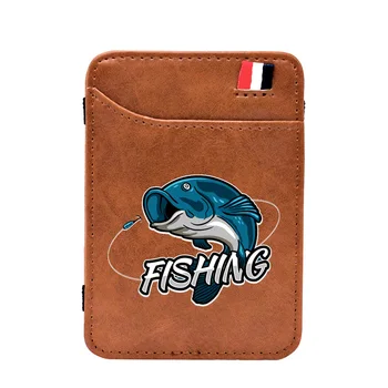 

Fashion Fishing Design Digital Printing Brown Magic Wallet Men Women Leather Mini Money Clips Credit Card Purse Gifts
