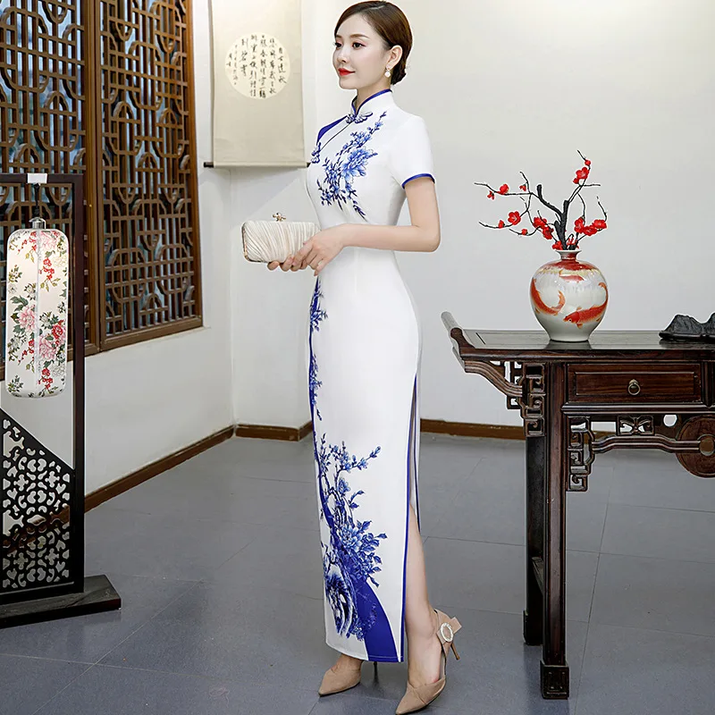 Плюс размер 4XL 5XL белый синий китайский винтажный Печатный женский Qipao Мода ручной работы Кнопка Cheongsam Новинка китайское торжественное