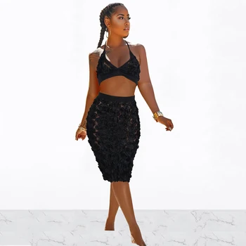 

Black Rose Women Two Piece Set Sexy Sleeveless Hollow Out Halter Tops and Knee Length Bodycon Skirt Suits Summer Club Outfits
