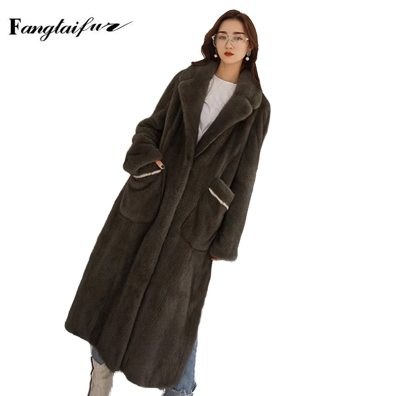 

Fang Tai Fur 2019 Winter Velvet Mink Fur Overcoats For Femal Striped Pocket Slim Natural Mink Coat Women's X-Long Real Fur Coats