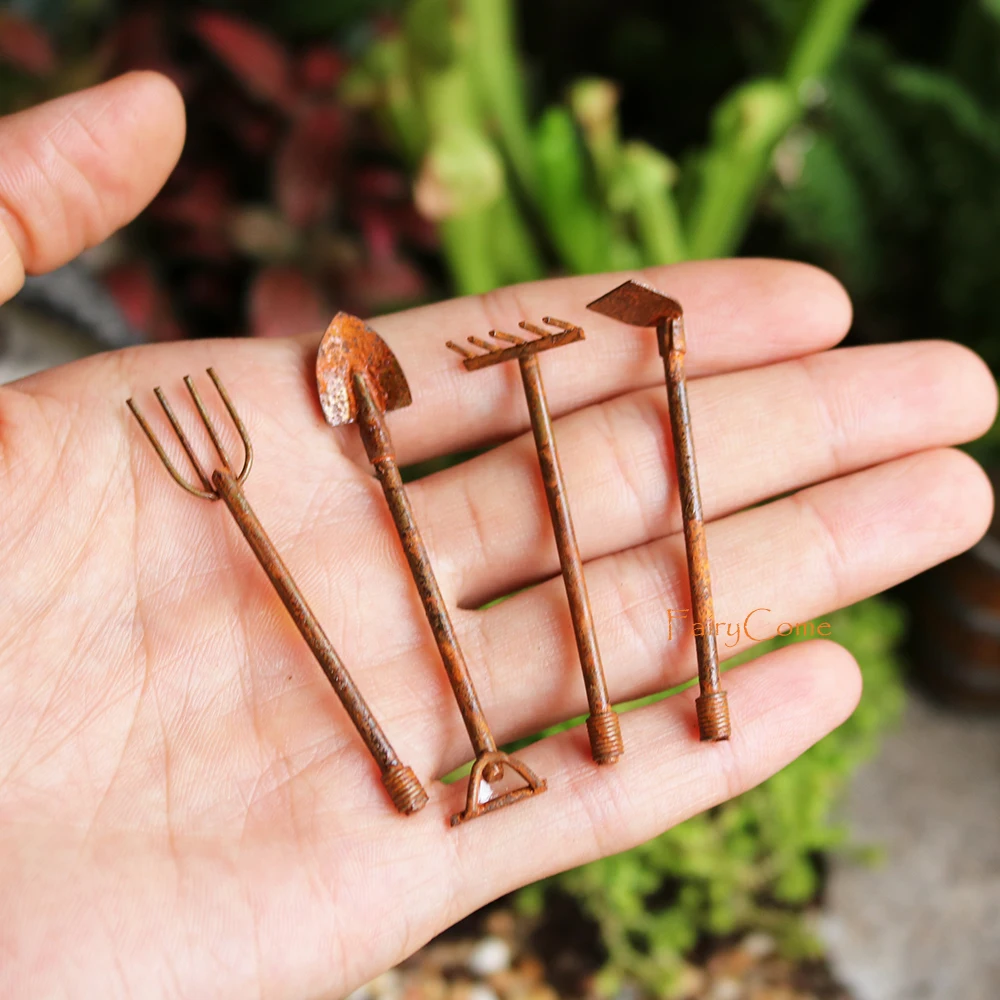 Set 4pcs Miniature Garden Tools Rusty Metal Crafts Pixies Gnomes Gardening Rusted Tool Set Fairy Garden Accessories Ornaments ornament crafts miniature ornament miniature figurines resin crafts accessories resin ornaments resin crafts