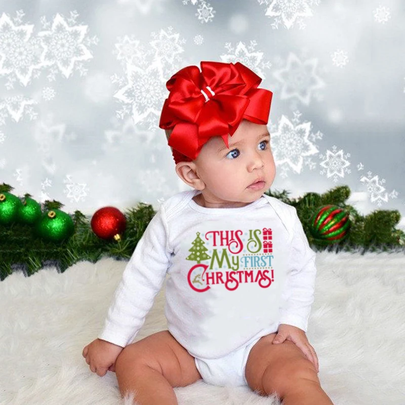 

Newborn BabyBodysuit This Is My First Christmas Print Funny Infant Long Sleeve Jumpsuit Toddler Boy Girl Playsuit Outfit