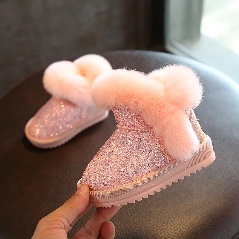 children's cotton shoes genuine leather rabbit hair big children's princess cotton boots thick warm girls snow boots