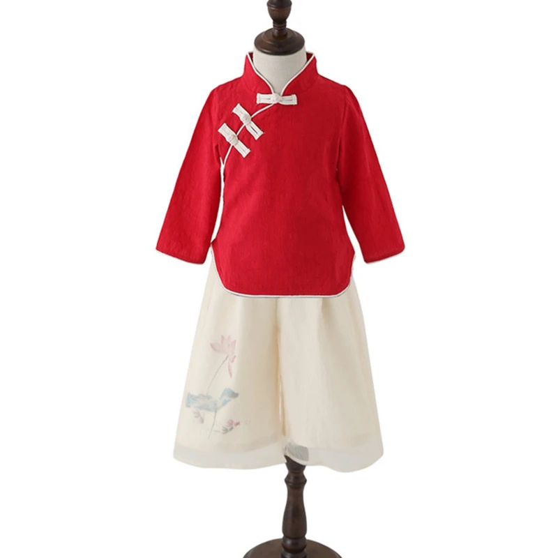 Детская одежда в китайском стиле Hanfu/рубашка cheongsam в китайском стиле для девочек; сезон весна-осень; широкие брюки с вышивкой для девочек