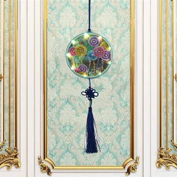 

2 In 1 DIY 5D Diamond Painting LED Light Full Drill Dandelions For Home Decor Round With Tassel Dangle Decorative Lights