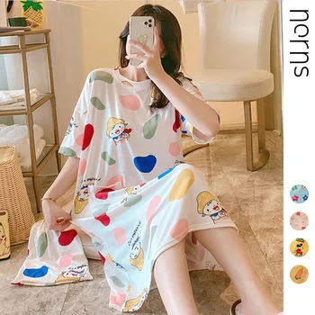 

Norns Multi-style Nightdress Female Summer Thin Section Short-sleeved Round Neck Pajamas Cute Girl Home Service Milk Silk