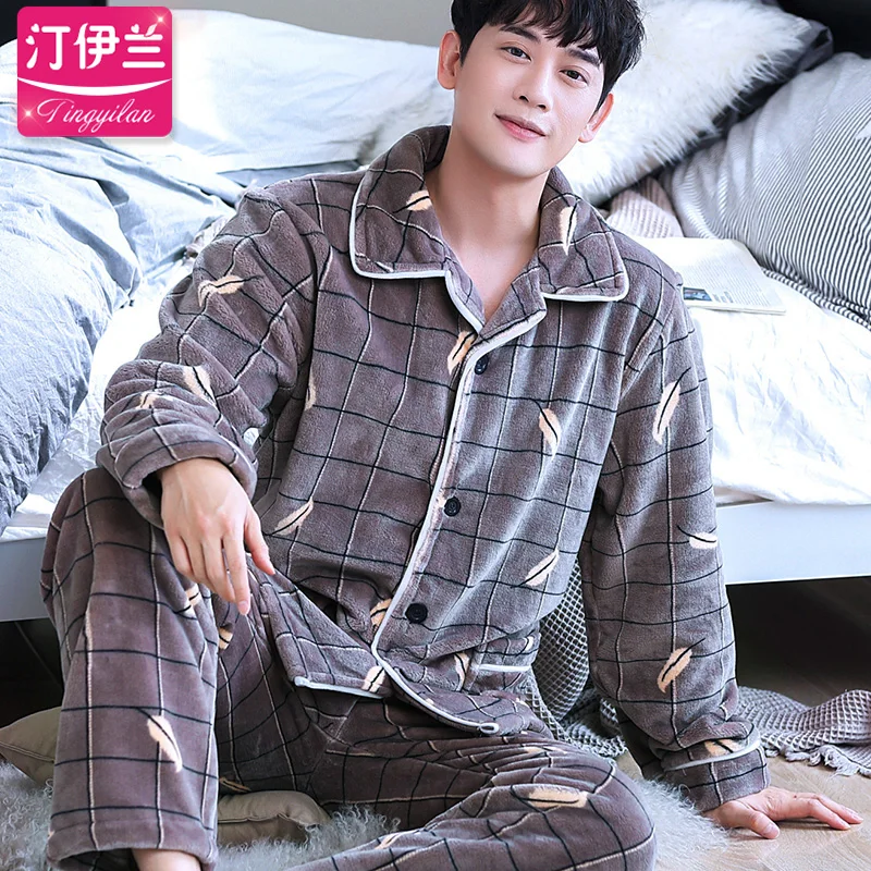Китайский дракон Пижама мужской кардиган с длинными рукавами Мужская пижама комплект Мужская Толстая теплая Фланелевая Пижама для мужчин костюм для сна домашняя одежда - Цвет: 001