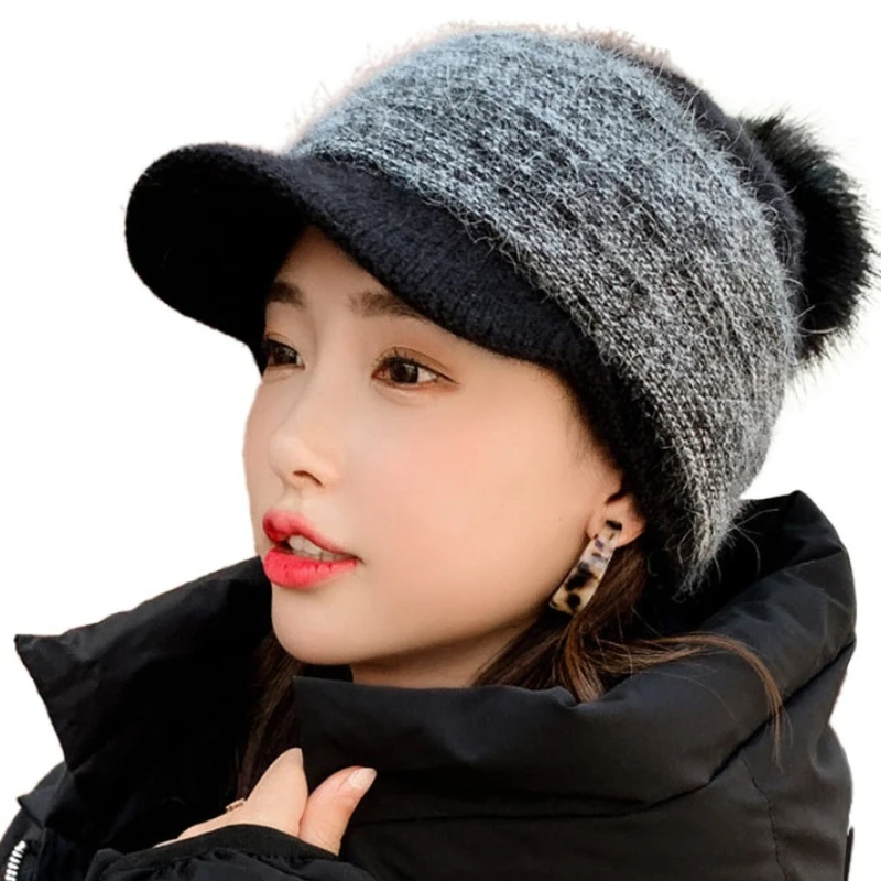 

Women Winter Thick Warm Fuzzy Knit Beanie Cap with Visor Pompom Baseball Cap 649C