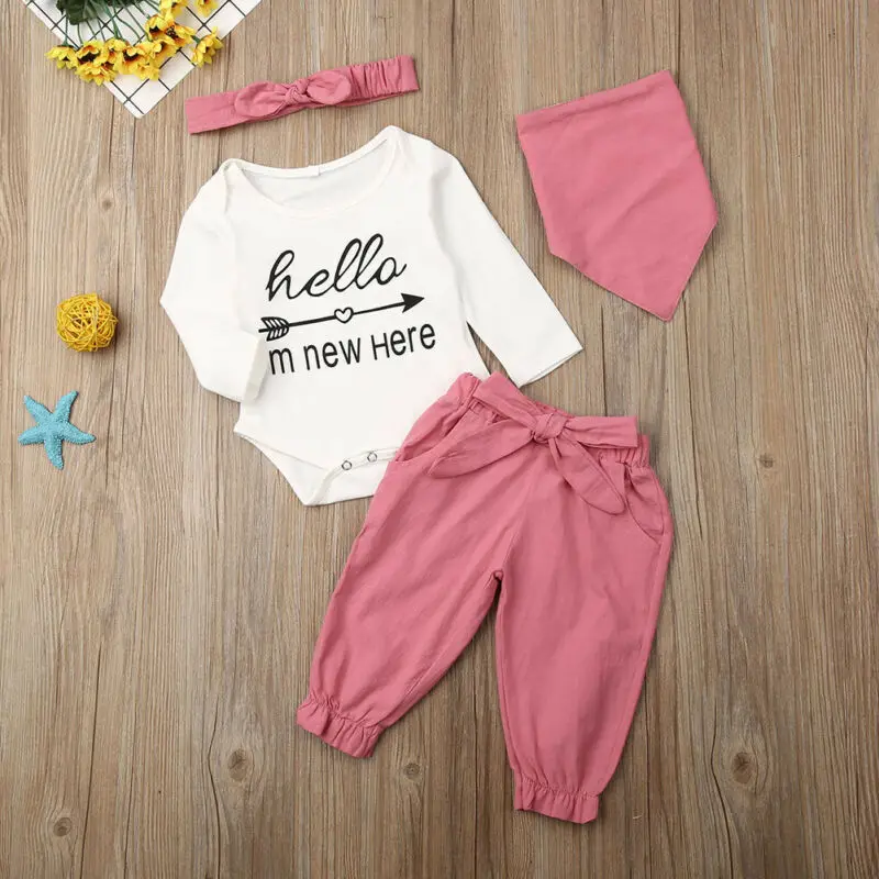 

For Newborn Clothes Toddler Infant Baby Girls Clothes Letter Arrow Print Tops+Bow Pants+Headwear+Bib Outfits Set roupa infantil