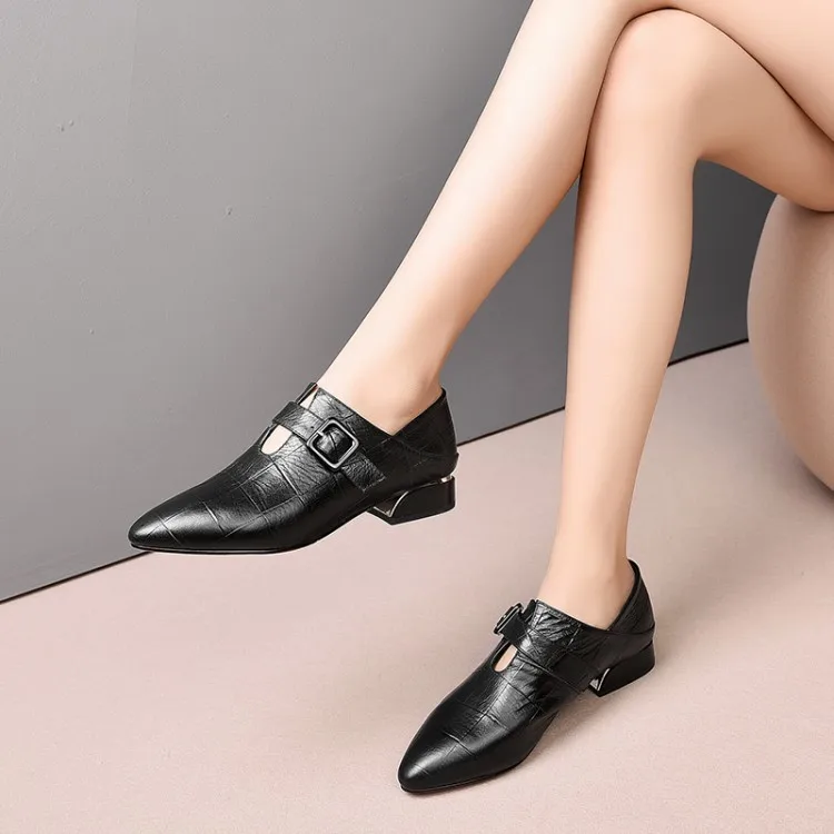 

[High-End] Pqs8-7 [] Embossed Cowhide. Comfortable Chunky-Heel Four Seasons Fashion Shoes
