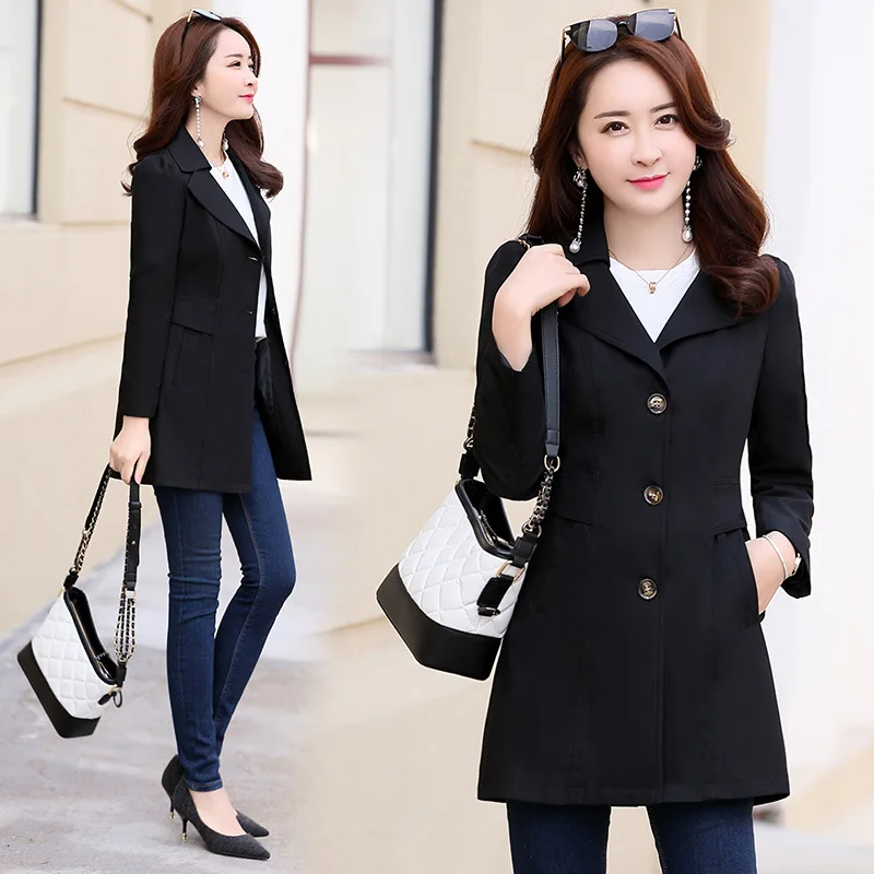 

Women's Single-Breasted Fashion Trench Coat 2019 Spring New Style Korean-style Slim Fit Large Size England Elegant Middle Long C