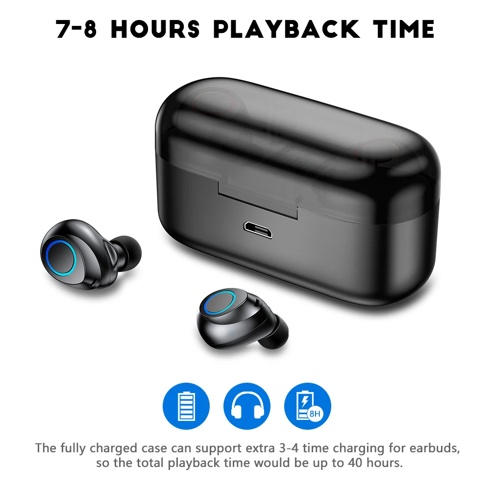 Stereo True Wireless Earphone Bluetooth 5.0 Earphones Noise Cancelling in-Ear Waterproof Earpiece with Mic Handsfree Headset