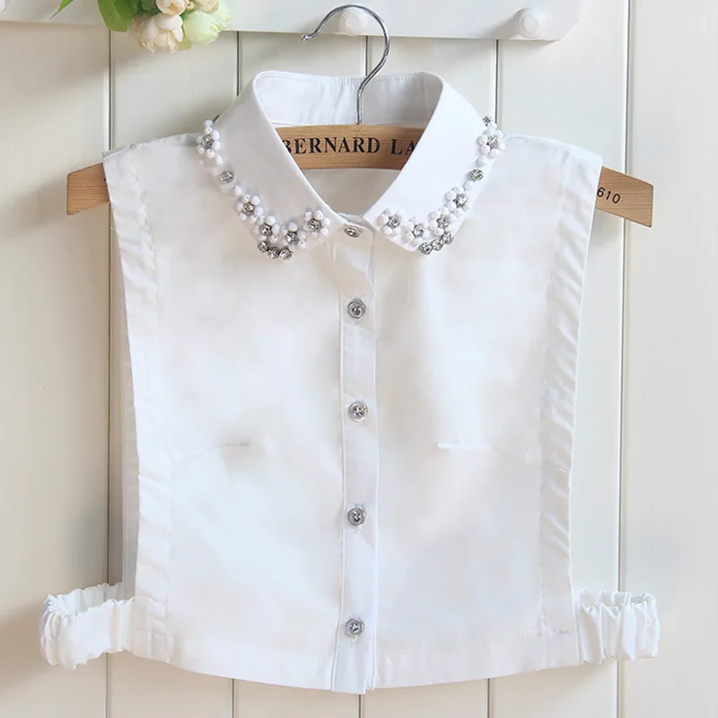 

Fashion White Shirt False Collar for Women Beads Fake Collar Lapel Blouse Top Detachable Collar Lapel Button Accessories