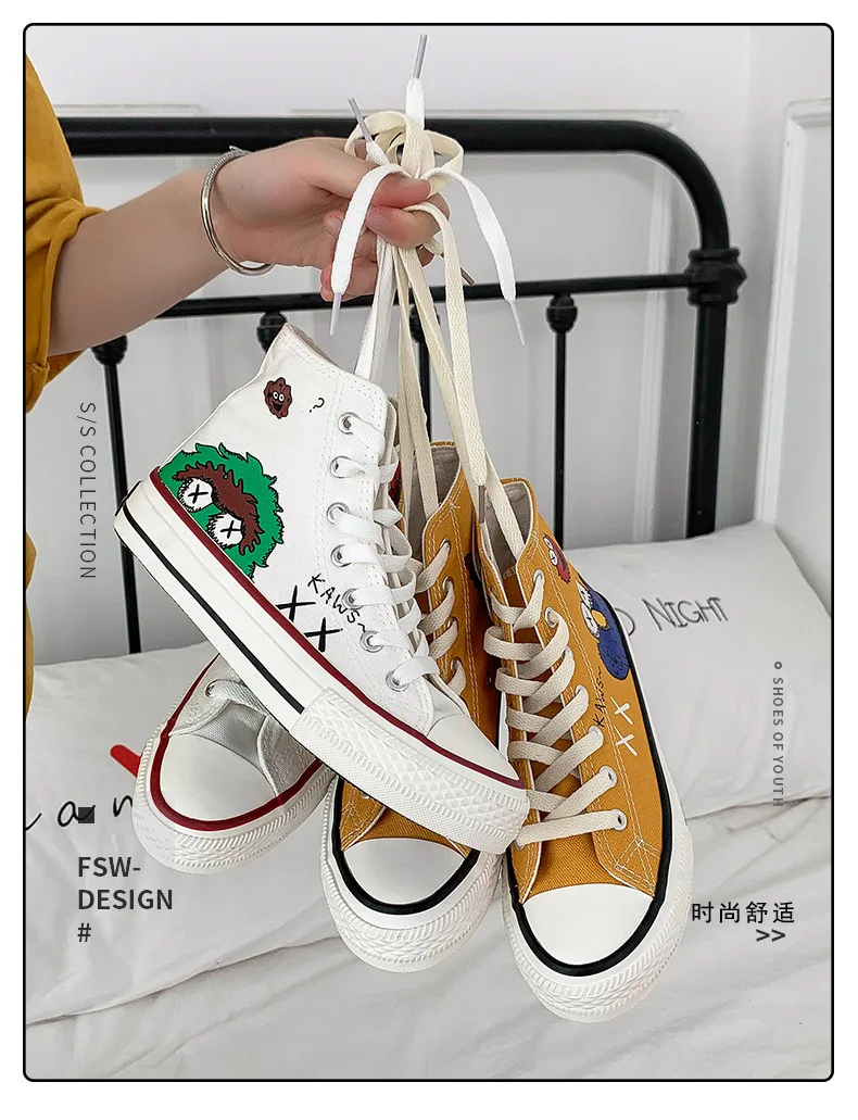 С героями «Улица Сезам»; Тканевая обувь; женская обувь с высоким берцем doodle пара ins повседневная обувь, обувь в Корейском стиле 1970s расписанные вручную белые туфли 0033