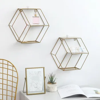 

Nordic Hexagonal Storage Stand Bedroom Iron Geometric Figure Home Decor Space Saving Living Room Hanging Holder Wall Shelf