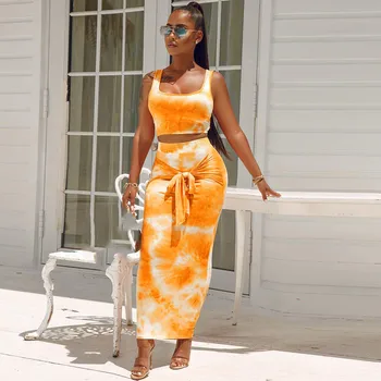 

2 Pieces Set Summer Women Tie-Dye Print O-Neck Sleeveless Tank Vest Crop Tops Lace-up Bowknot Long Maxi Skirt Sexy Women Dresses