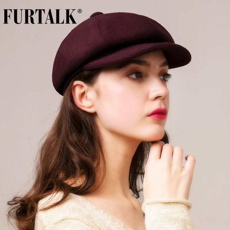 FURTALK, шерсть, шапка, зимняя, для женщин, восьмиугольная, шапка для женщин, газетчик, шапка s для девочек, шерсть, Черный берет, шапка для женщин, корейские зимние шапки