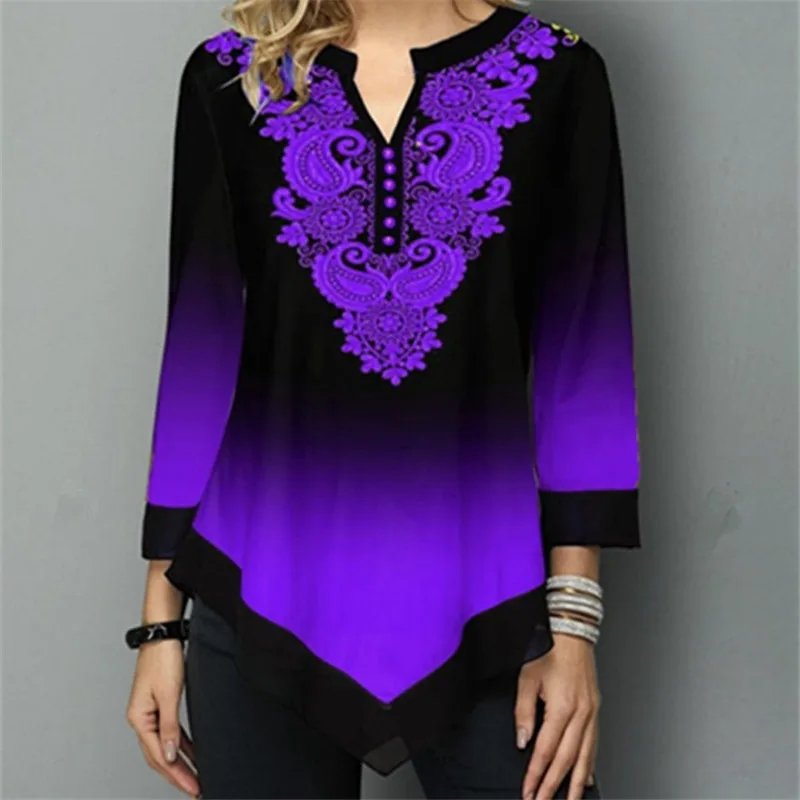 Blusa informal de talla grande con manga de tres cuartos, camisa con estampado de botones y cuello en V, talla grande 5XL
