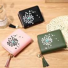 

Women Wallets Short Cartoon Print Pu Leather Zipper Coin Purses Female Tassel Solid Color Hasp Card Holder Mini Clutch Bag