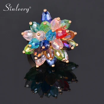 

SINLEERY Sparkling Multicolor Flower Wedding Rings Rose Gold Color Pruple Blue Zircon Free Size Rings For Women Gift JZ683 SSB