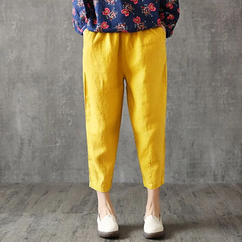 Женские льняные брюки больших размеров Осенние повседневные брюки свободные женские льняные хлопковые брюки одноцветные женские шаровары - Цвет: Yellow