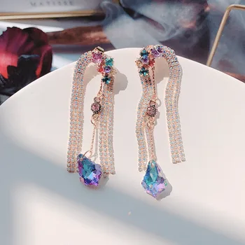 

MWSONYA Trendy New Flower Crystal Long Dangle Earrings for Women Palace Colourful Color WaterDrops Elegant Party Jewelry Gift