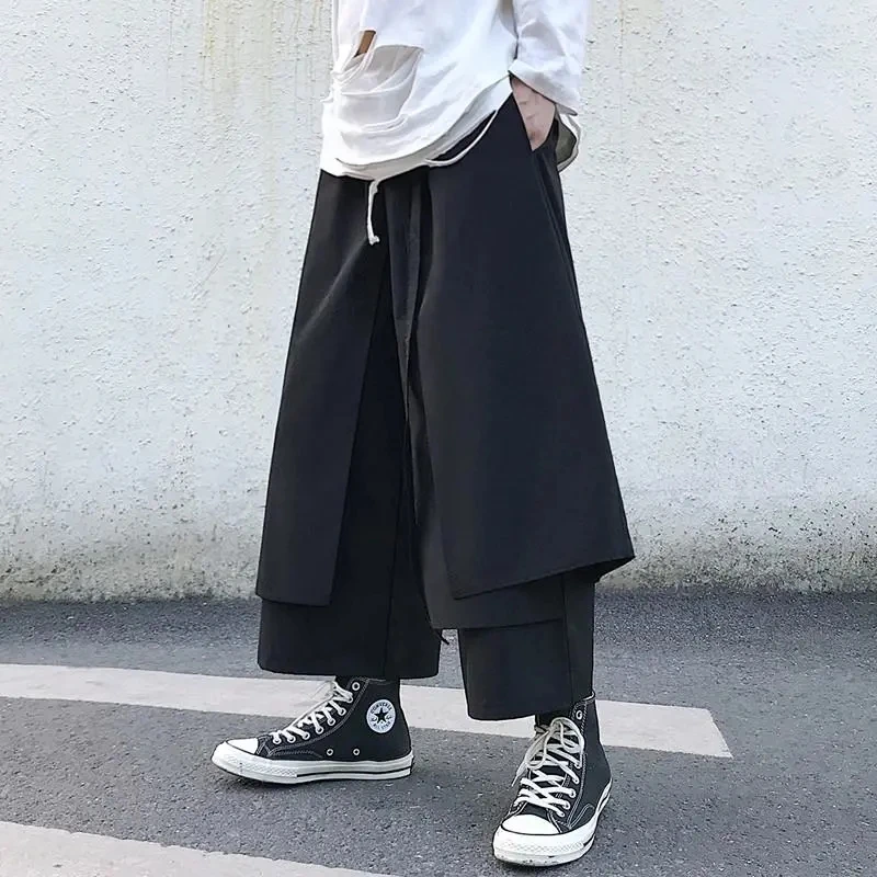 Fake Two-Piece Pants Men Male New Loose Wide-Leg Trousers Casual Straight Streetwear Spring Autumn Hip-Hop Pantalons Capris