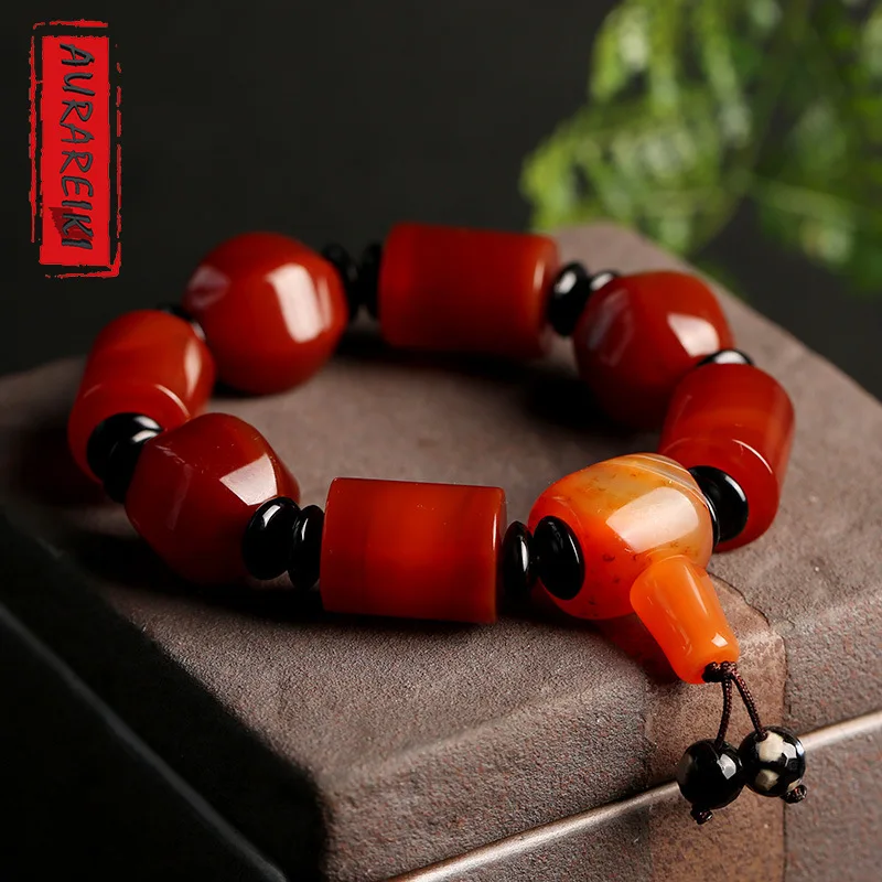 Natural Red Agate Barrel Beads Bracelet Men's Tibetan Buddhist Jewelry For Men | Украшения и аксессуары