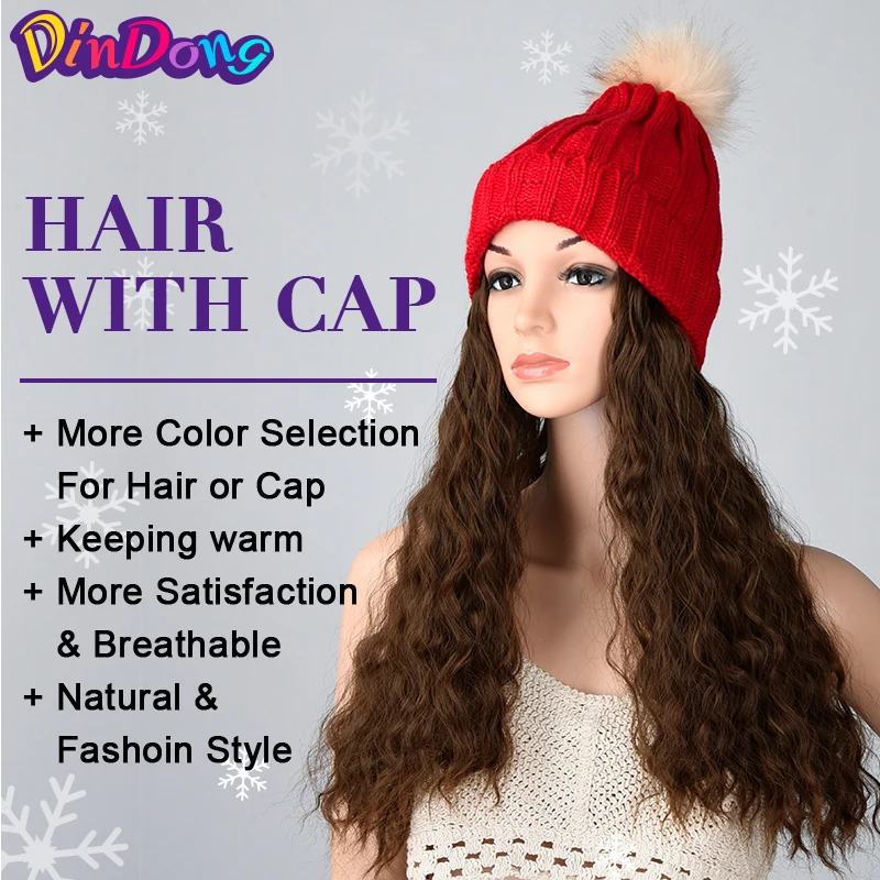 DinDong волосы с крышкой 14 дюймов Синтетические волосы для наращивания термостойкие волнистые волосы с зимней вязанной шапкой красный розовый черный